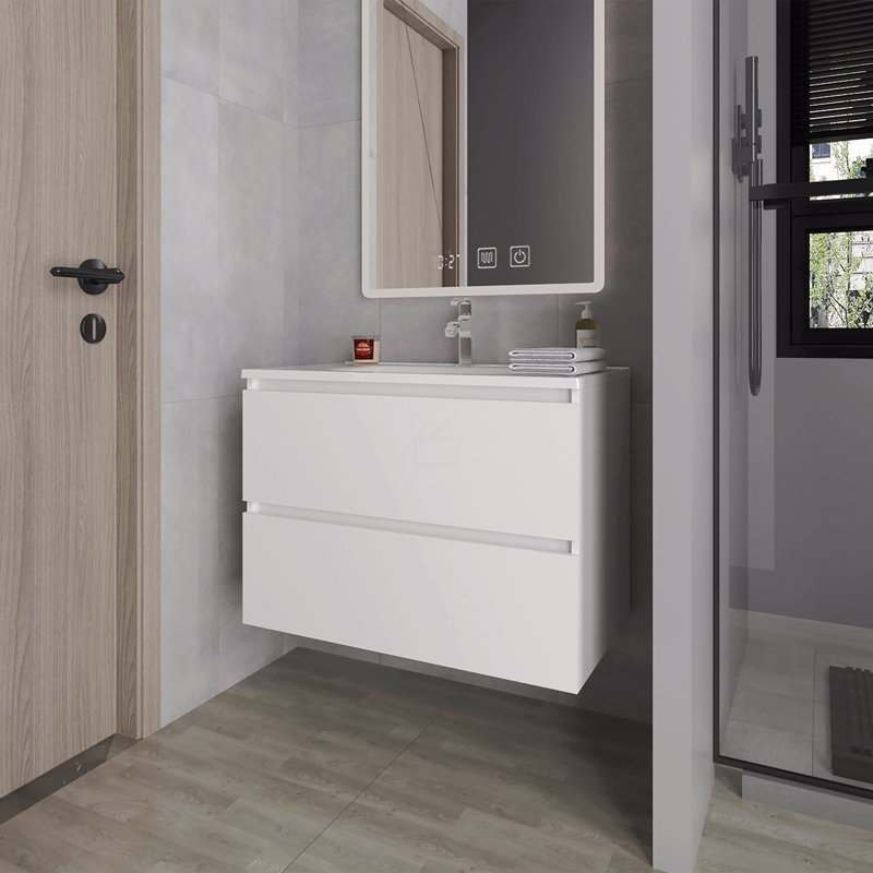 Meuble-lavabo flottant avec deux tiroirs et lavabo, Blanc