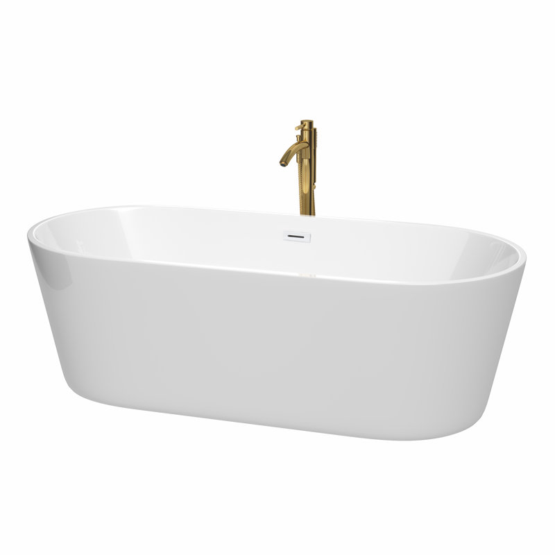 Carissa 71'' x 32'' Soaking Acrylic Bathtub with Faucet, White/Shiny White/Brushed Gold