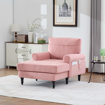 Chenille Chaise Lounge Recliner Single Sofa Living Room Bedroom Rest Chair Wooden Sofa Legs With Comfortable Backrest And Armrests Side Pockets For Storage