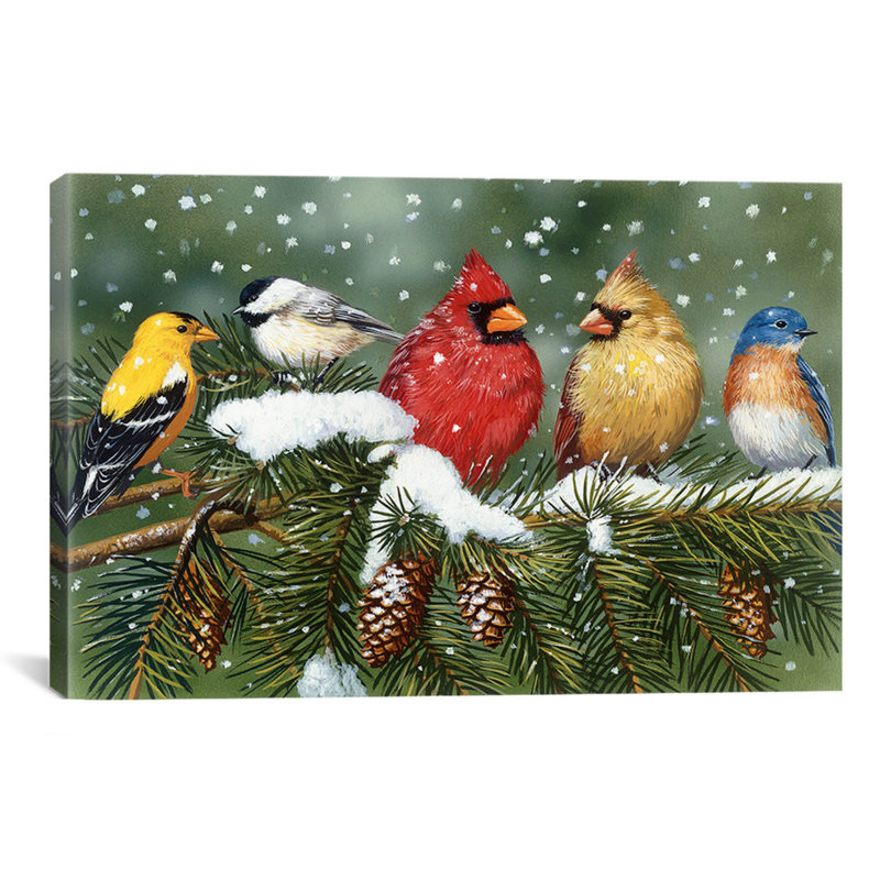 « Backyard Birds on Snowy Branch », impression sur toile, 26" H x 40" L x 1,5" D
