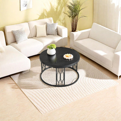 Round Faux Travertine Coffee Table with Metal Frame, 27.5-Inch Modern Living Room Table