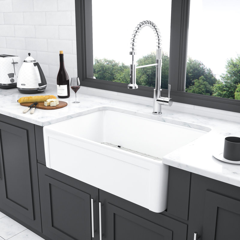 White Ceramic Sink 30 Inch - Apron Front For Kitchen Reversible Single Bowl And Elegant Style Durability