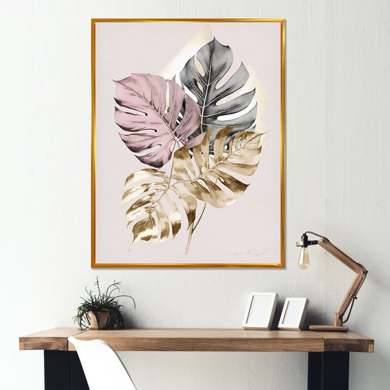 Feuille V - reproduction sur toile, L 12 po x H 20 po, Toile avec cadre flottant or