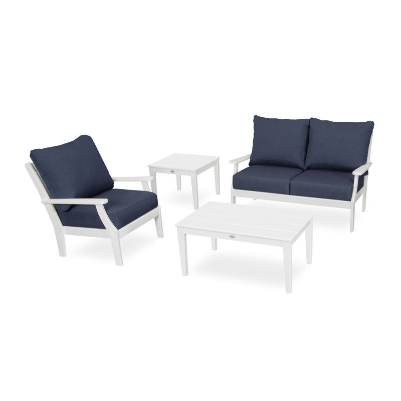 Braxton 4-Piece Deep Seating Set, White, Marine Indigo