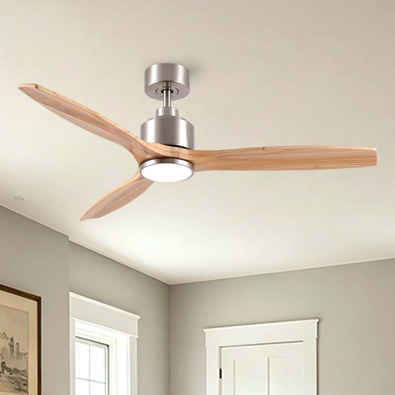 Modern 52" 3-Blades Indoor Brushed Nickel Solid Wood Ceiling Fan With LED Light, Quite DC Motor and Remote Control, 52" Wide