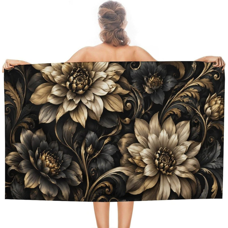 Serviette de plage florale noire dorée, serviette légère en microfibre à séchage rapide sans sable 50 x 60 po pour piscine, plage, douche, source chaude, yoga, voyage