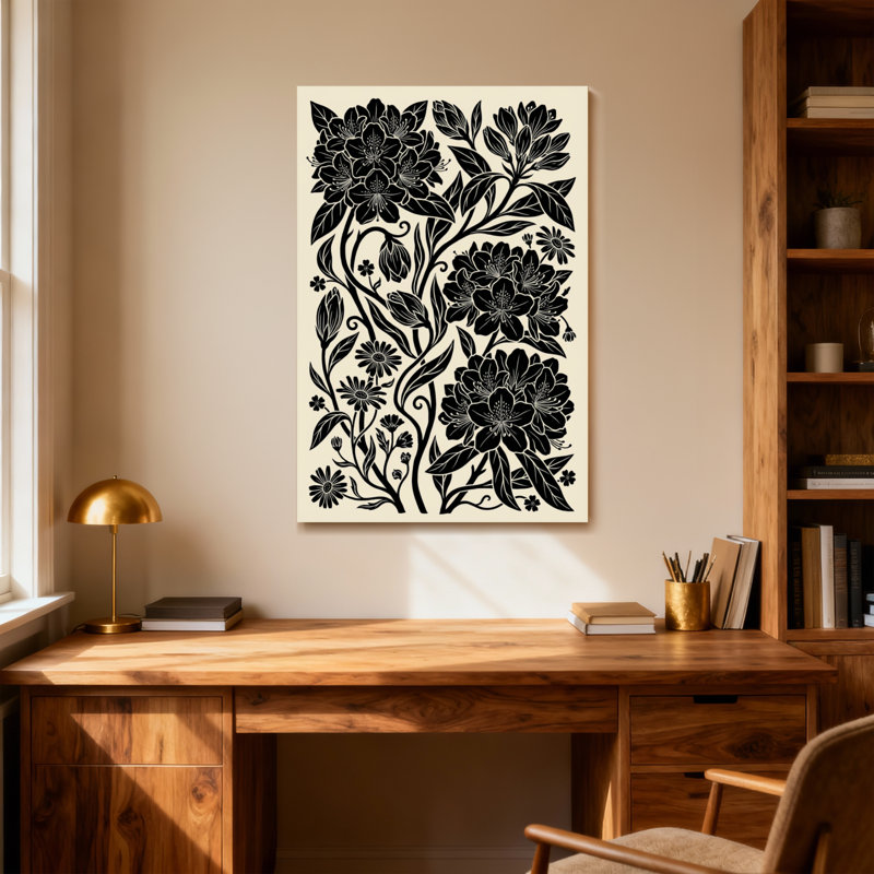 Plantes et fleurs à motif floral noir sur fond crème, H 36 po x l 24 po
