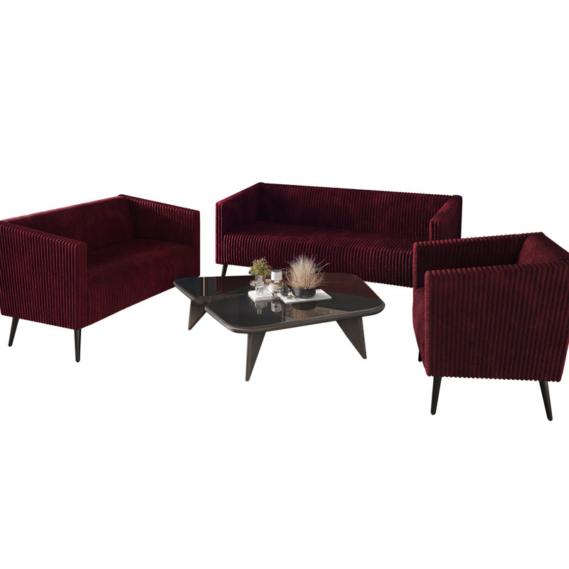 Ensemble de salon en velours côtelé 3 pièces Schermick, Rouge