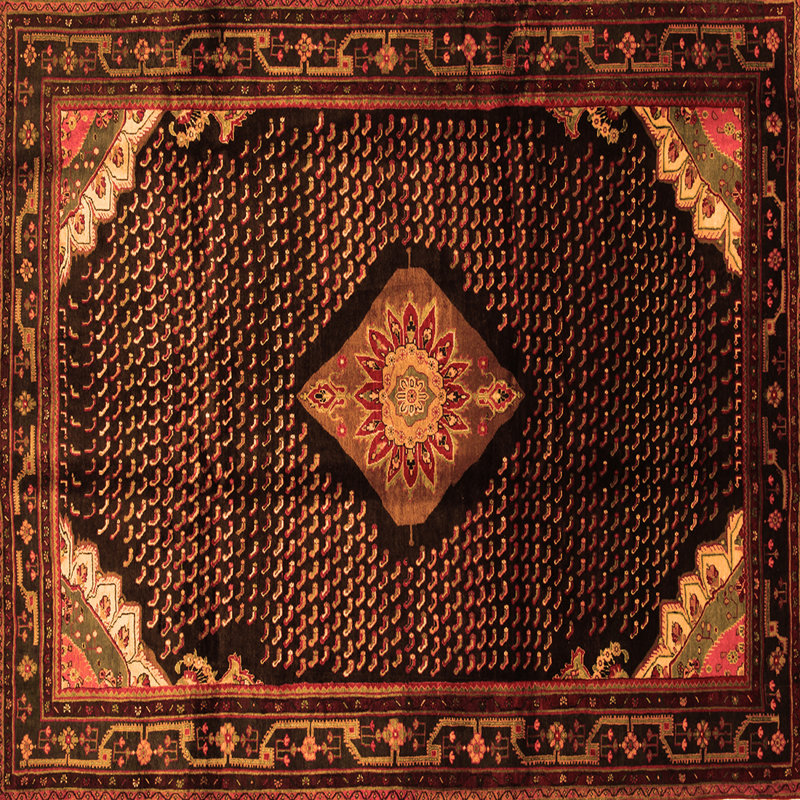 Tapis oriental en chenille tissé à la machine en brun / noir / rouge Milvin, Carré de 6 pi