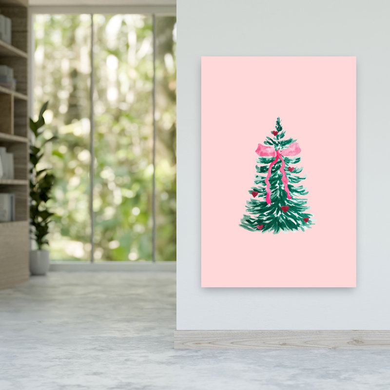 Pink Bow Christmas Tree Traditional Abstract Christmas Tree Winter Landscape Wall Art Print by Karen Menzenbach - Wrapped Canvas Print
