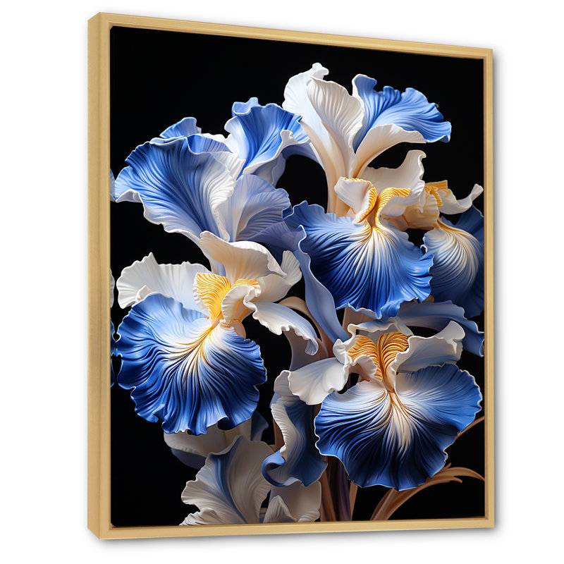 «White and Blue Irises Elegance I», art mural Iris, Cadre flottant brun, H 44 po x l 34 po x P 1,5 po