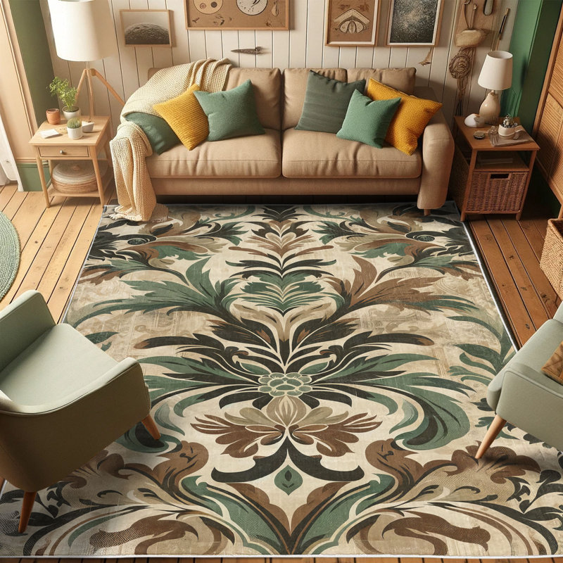 Bohemian Leafy Damask Beige and Green Synthetic Area Rug