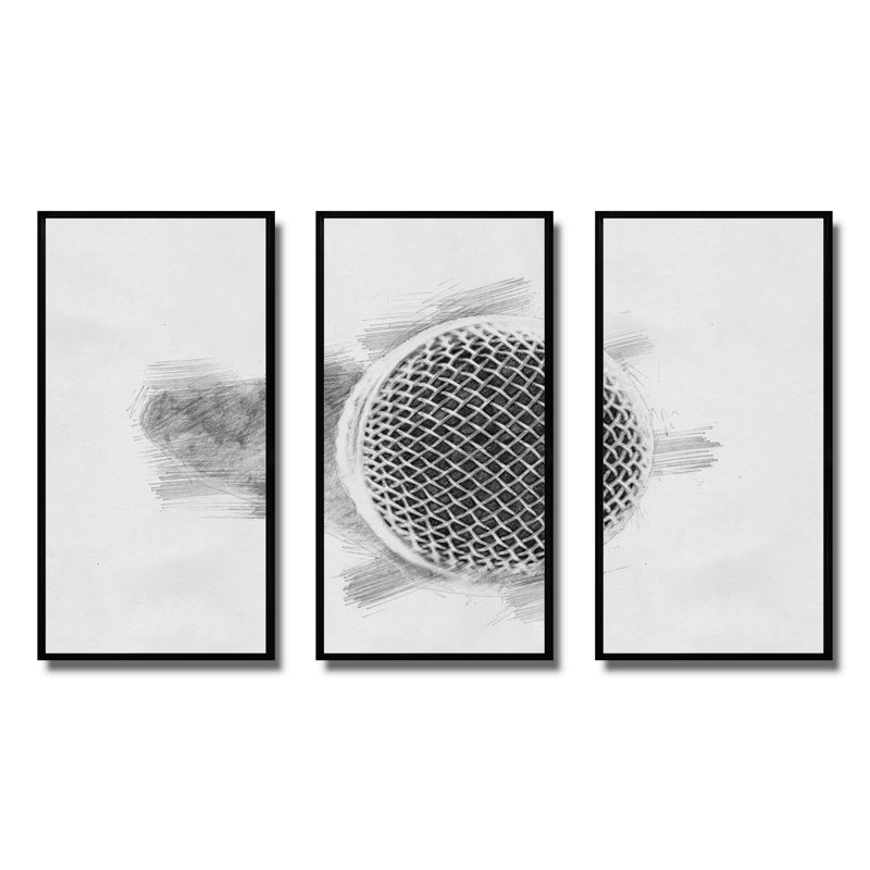 Microphone au crayon, ensemble de 3 toiles encadrées musicales, Noir, H 28 po x l 36 po x P 1 po