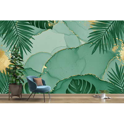 Papier peint feuille de palmier émeraude avec décorations en feuille d'or | Murale luxueuse pelez et collez de style tropical | Décoration de salle de bain d'inspiration spa verte (non tissée)