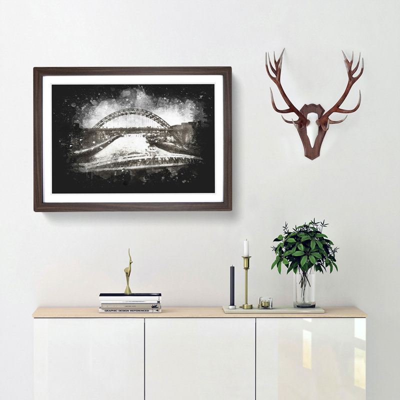 Tyne Bridge Linking Newcastle - Picture Frame Graphic Art Print, Walnut Framed, 45cm H x 63cm W x 2cm D