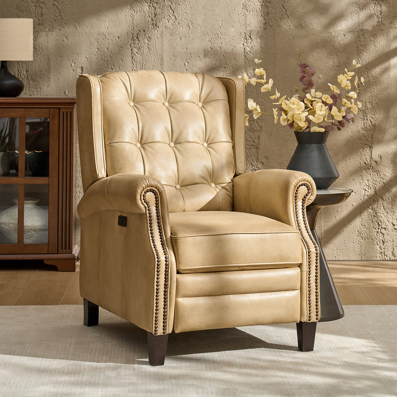 Martina 29.25''W Waxed Leather Power Recliner with Solid Wood Legs, Beige
