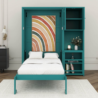 Murphy Bed With Extendable Desk, Twin Size, Space Saving Foldable Wall Bed Frame With Bookshelf, Top Cabinet And Side Storage