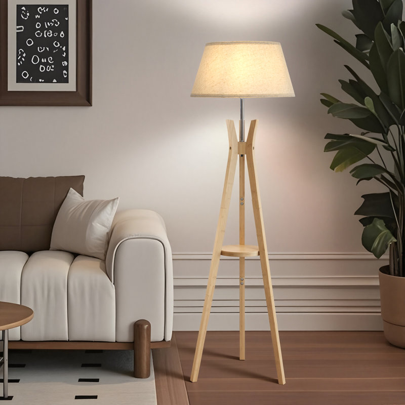 Lampe trépied Mid-Century en bambou avec plateau latéral, Naturel
