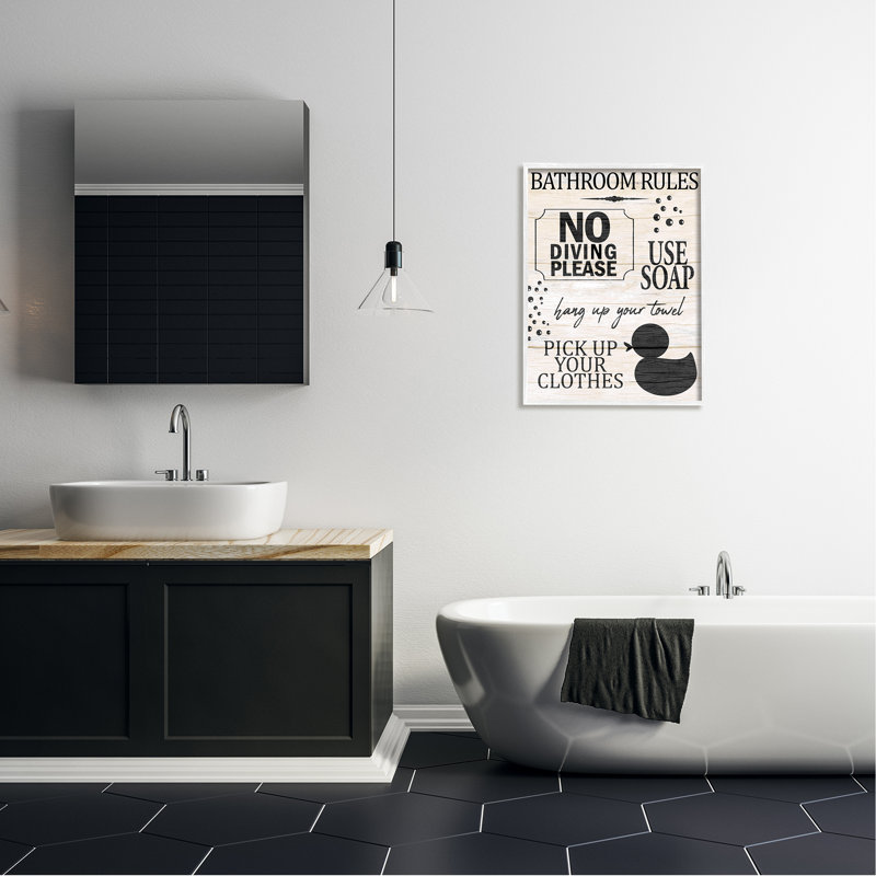 " Bathroom Rules Rustic Grain Pattern Design Sign " by Kim Allen, 24" W x 24" H, Coastal White Framed Giclee
