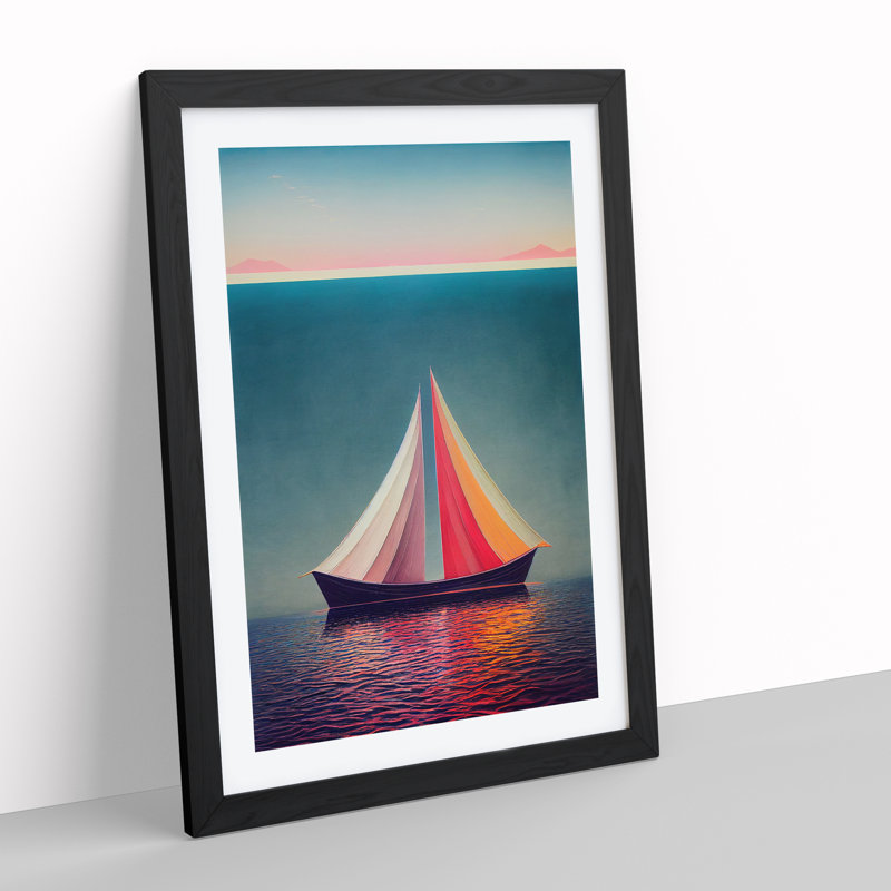 Boat On The Ocean Watercolour No.3 - Single Picture Frame Print, Black, 64cm H x 46cm W x 2cm D