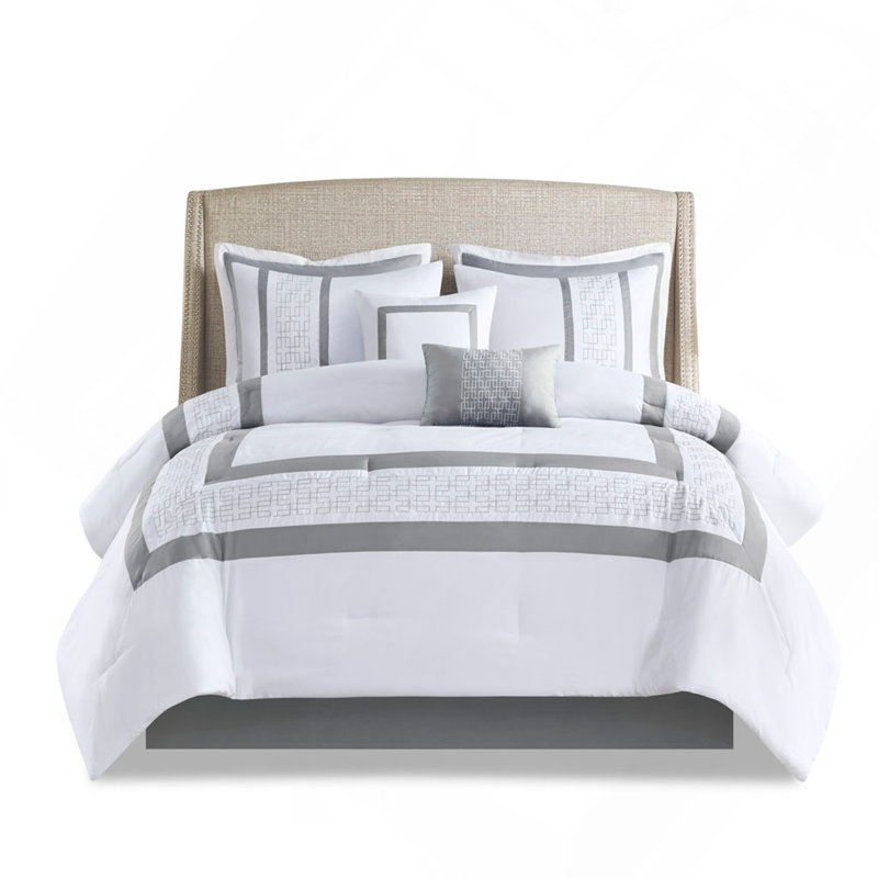 Ensemble d'édredon 8 pièces pour très grand lit, brodé sophistiqué, blanc et gris, hypoallergénique, décoration de chambre élégante