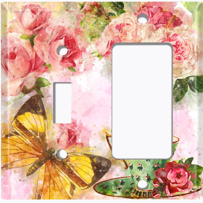 Metal Light Switch Plate Outlet Cover (Flower Rose Tea Cup 1 - (L) Single Toggle / (R) Single Rocker)