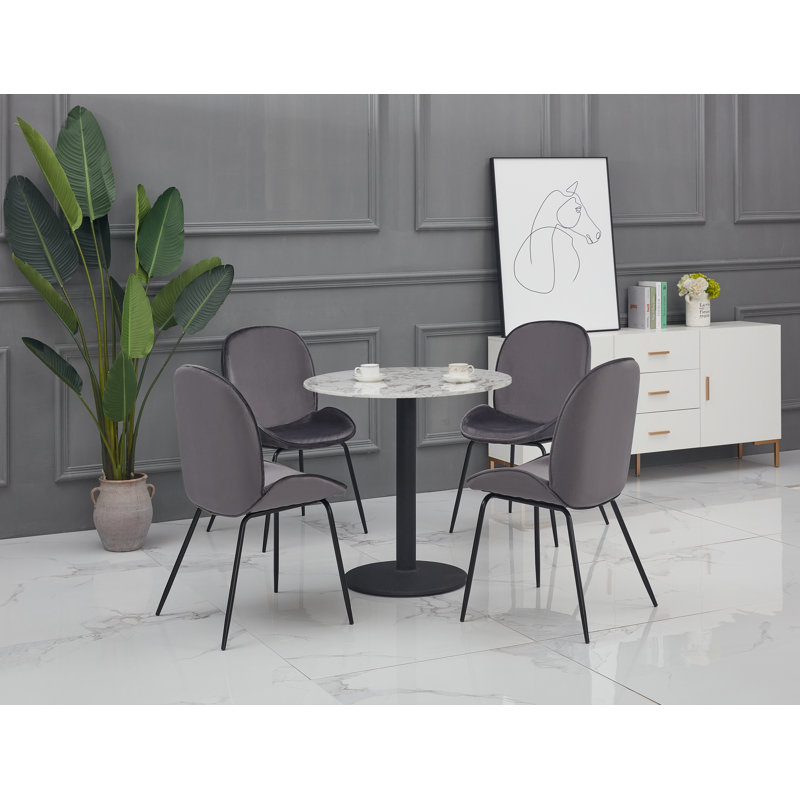 Round Faux Marble Top Metal Base Dining Table, 75cm H x 100cm L x 100cm W, White, Black