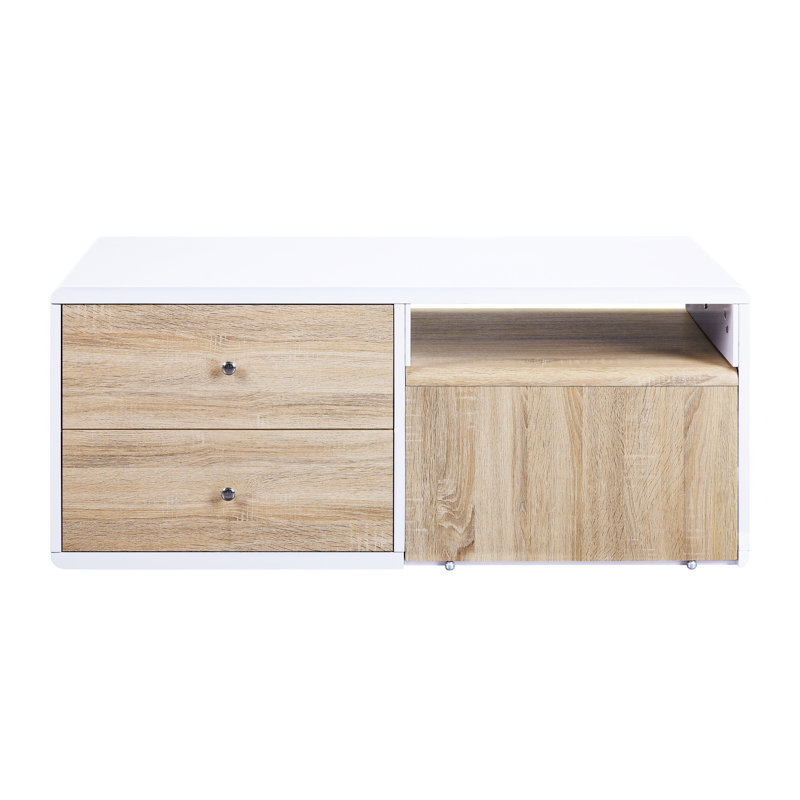Table basse à la mode blanche ultrabrillante avec des espaces pratiques et des détails de rangement élégants et contrastants
