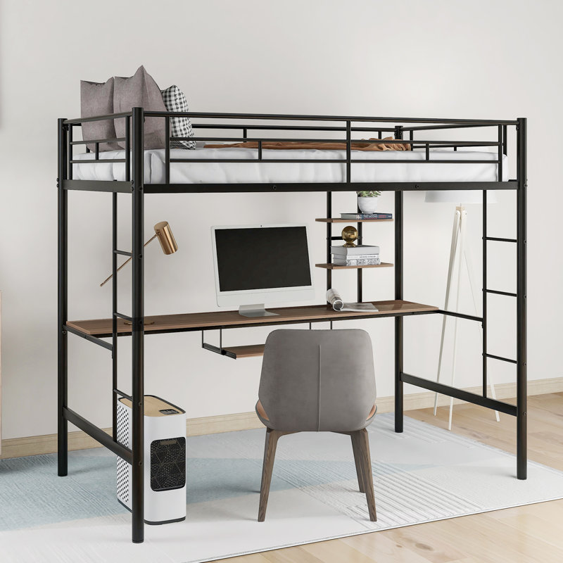Lit mezzanine avec bureau et tablette Buettner, Noir, Simple