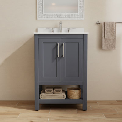 Meuble-lavabo simple 24 po en pierre reconstituée avec tablette et dosseret ouverts