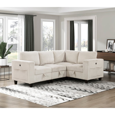 Modern Sofa 4-Piece Modular Sectional With Storage Seats, Side Pockets, Charging Ports Beige Corduroy Fabric Modern Living Room Sectional Couch Solid Wood Furniture