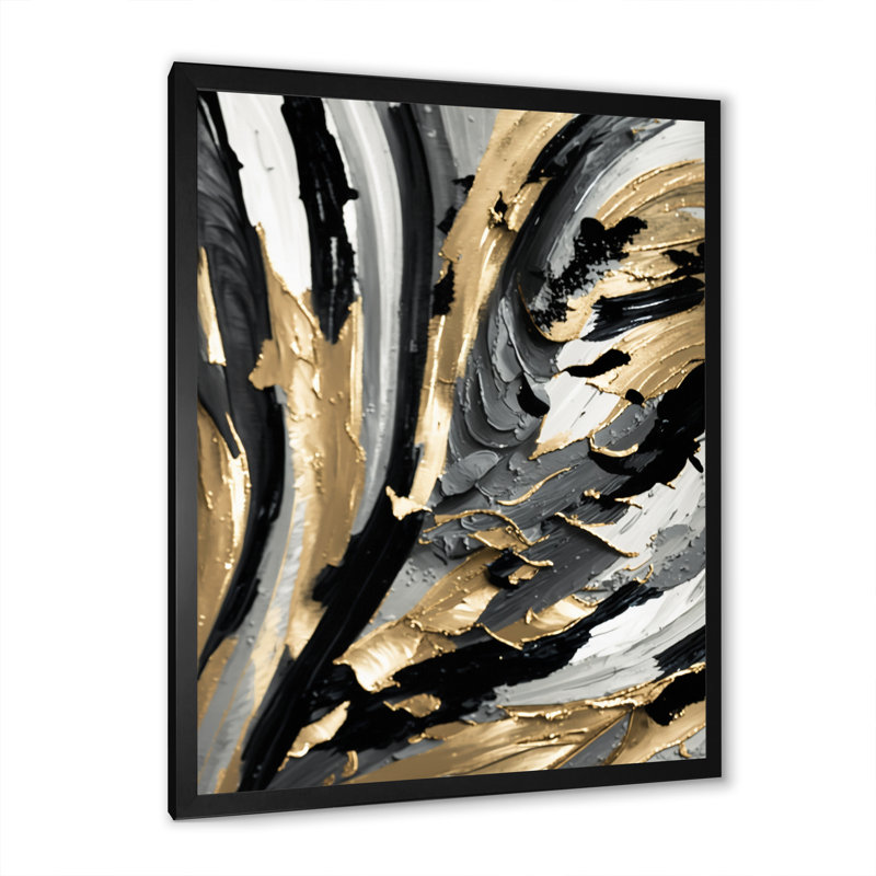 Rythme de plaisir abstrait noir et or I - peinture abstraite, art mural, H 32 po x l 24 po x P 1 po, Cadre simple noir