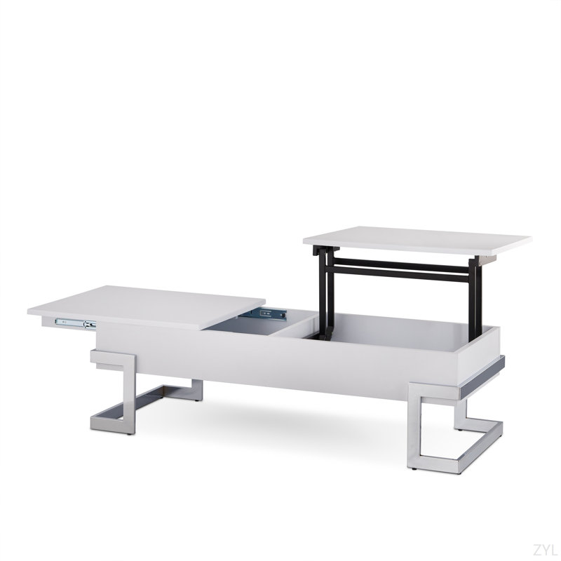 Table basse blanche à finition brillante et chrome avec plateau relevable, Blanc