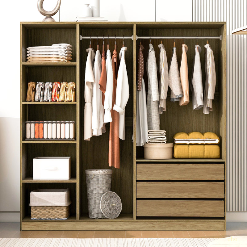 Doorless Wooden Storage Wardrobe For Dedroom With Shelves And 3 Drawers, Natural