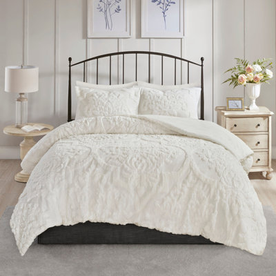 Ensemble d'édredon damassé en coton 3 pièces touffeté blanc cassé