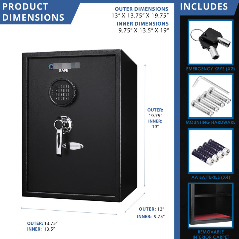Coffre-fort électronique à verrou électronique de 1,45 pi cubes, noir, avec 2 tablettes amovibles et bloc-piles, clavier numérique, clés de secours noires