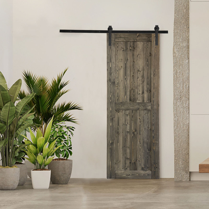 Porte de grange en bois massif brun avec trousse de quincaillerie d'installation, 30 po x 84 po