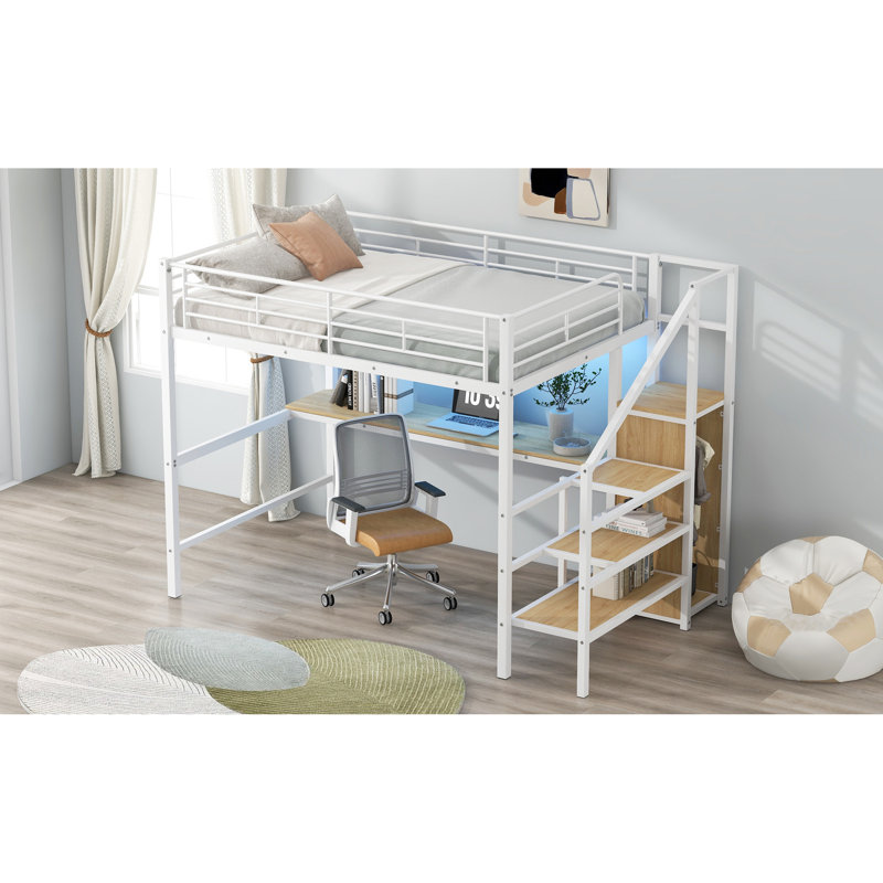 Lit mezzanine en métal blanc avec bureau intégré, escalier de rangement, garde-robe et éclairage à DEL coloré, structure solide pour lit de stabilité, garde-robe, 7 couleurs DEL, appartements