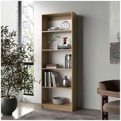 Bibliothèque Dam avec rangement ouvert et 5 tablettes, chêne naturel et blanc