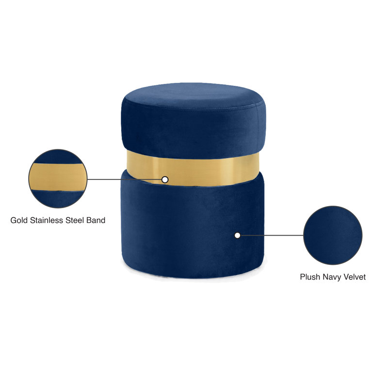 Hailey 14.5" Wide Velvet Round Cocktail Ottoman, Gold, Navy Velvet