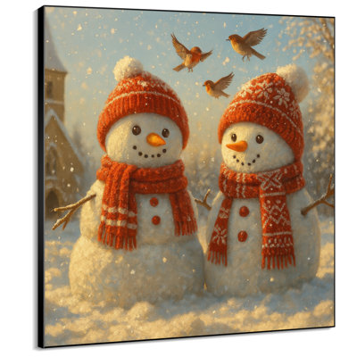 Très grand, reproduction d'art sur tissu - Couple de bonhomme de neige orange, décoration de chambre de Noël fantaisiste pour enfants - "Assemblage requis du cadre (cadre non fini)"