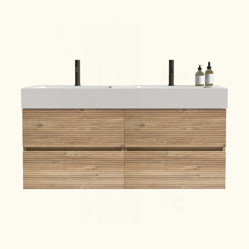 Meuble-lavabo de salle de bain avec lavabo en quartz d'ingénierie et tiroirs souples, meuble-lavabo mural flottant pour salle de bain moderne, lavabo une pièce mat brillant, KD