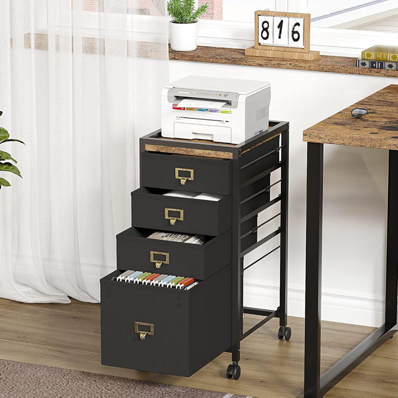 File Cabinet With 4 Drawers 26''H Rolling Filing Cabinet Fits Letter Size Or A4 Fabric Vertical File Cabinet On Wheels, Vertical Office File Storage, Small Printer Stand Under Desk For Home Office