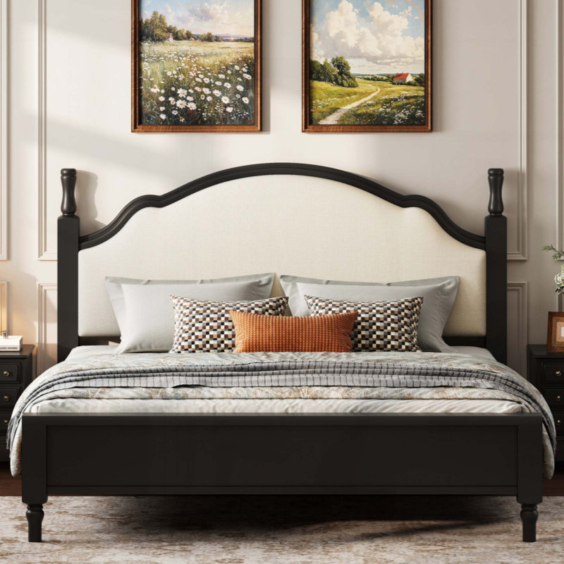 Lit plateforme en bois avec tête de lit tapissier, Beige + noir, Grand lit