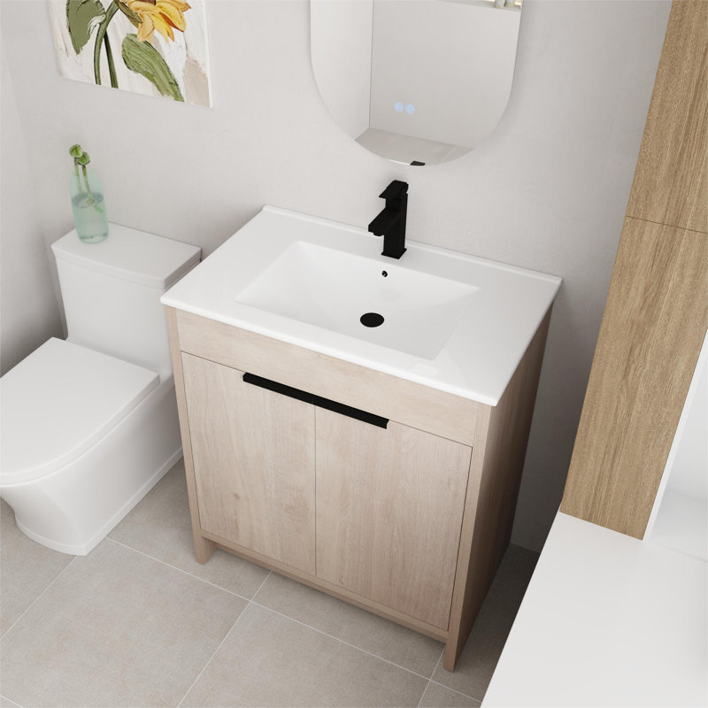 Kinslie 30'' Single Bathroom Vanity with Ceramic Top，2 Soft Close Doors and 1 Adjustable Shelf, Beige, 30"
