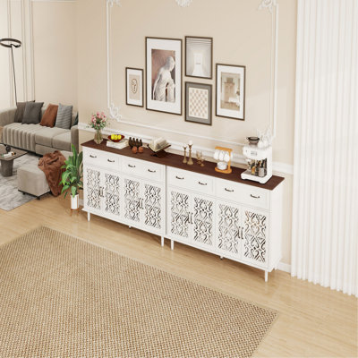 Vintage Sideboard Buffet Cabinet With Hand-Carved Geometric Doors, Distressed With Contrast Design, 2 Drawers 4 Doors Storage Cabinet, Adjustable Feet, Raised Base For Easy Cleaning