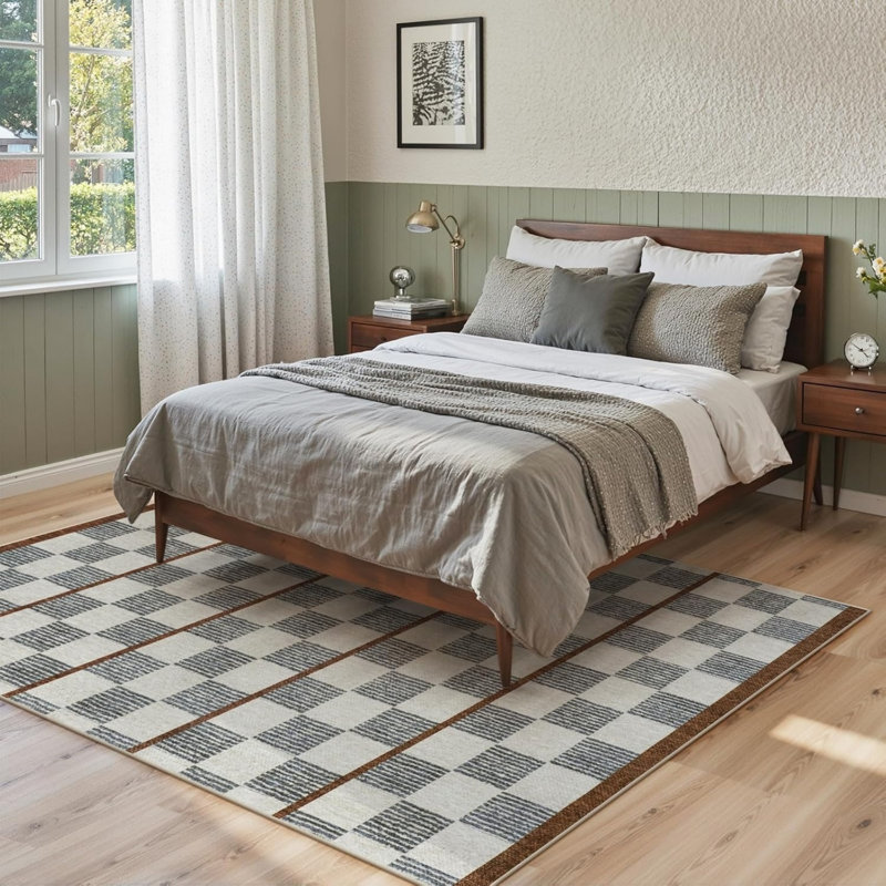 Grey Beige Checkered Striped 5 × 7 Ft Rug for Dining Room Entryway