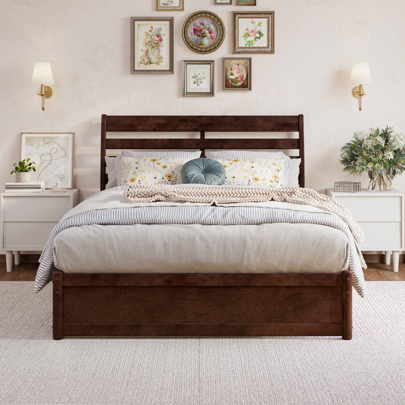 Lamareon Solid Wood Platform Bed with Footboard & Roll Out Trundle Bed, Full, Walnut