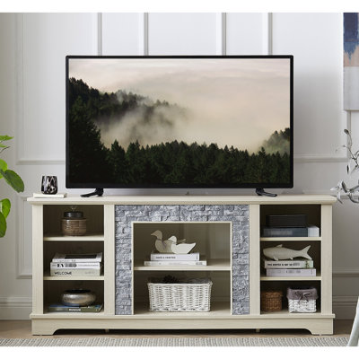 Meuble audio-vidéo blanc avec pierres artificielles empilables et rangement compact