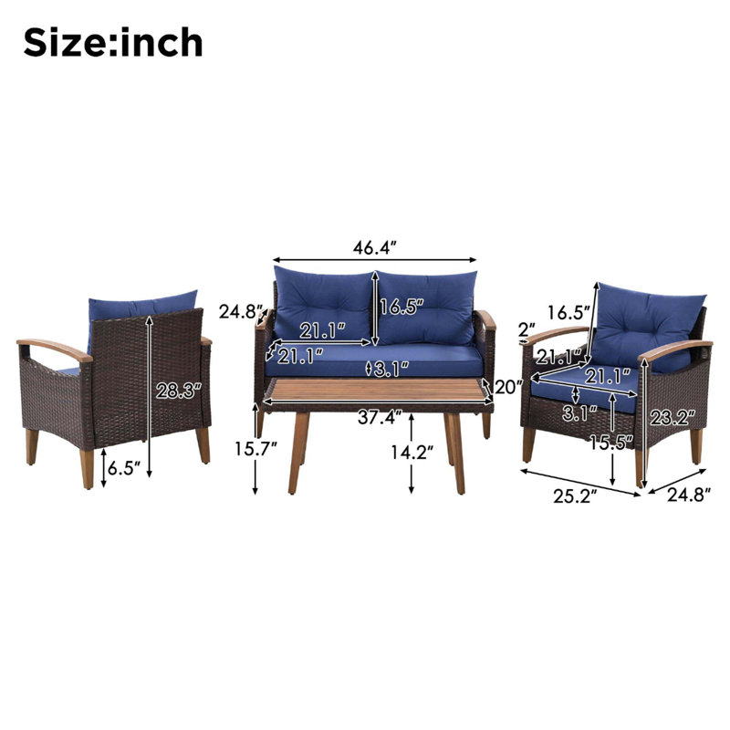 Ensemble de conversation de patio 4 pièces avec table en bois, Bleu